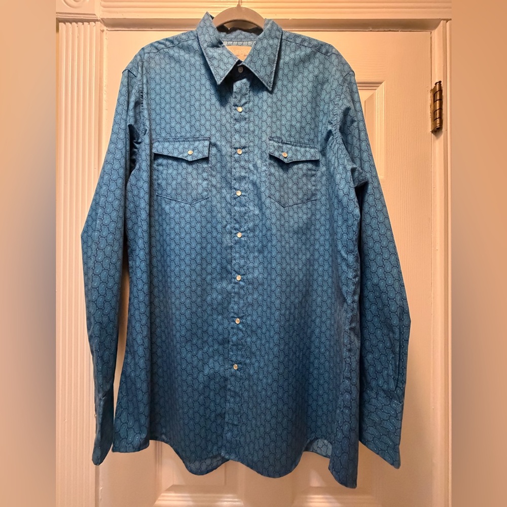 Wrangler Men's Teal Blue Patterned Western Snap Shirt